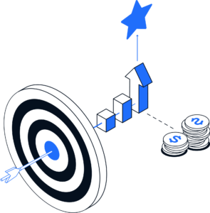 Zielscheibe, Wachstumsdiagramm und Münzstapel, blau.